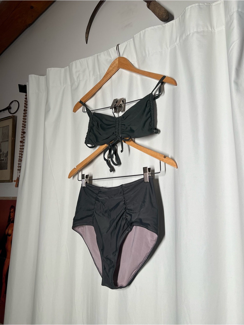 aerie Black Ruched Bandeau Top and High-Waist Bottoms